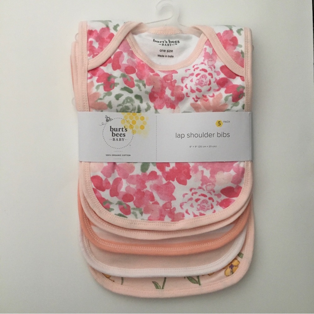 NEW Burt’s Bees 5 Lap Shoulder Bibs Organic Cotton Floral Solid Stripes